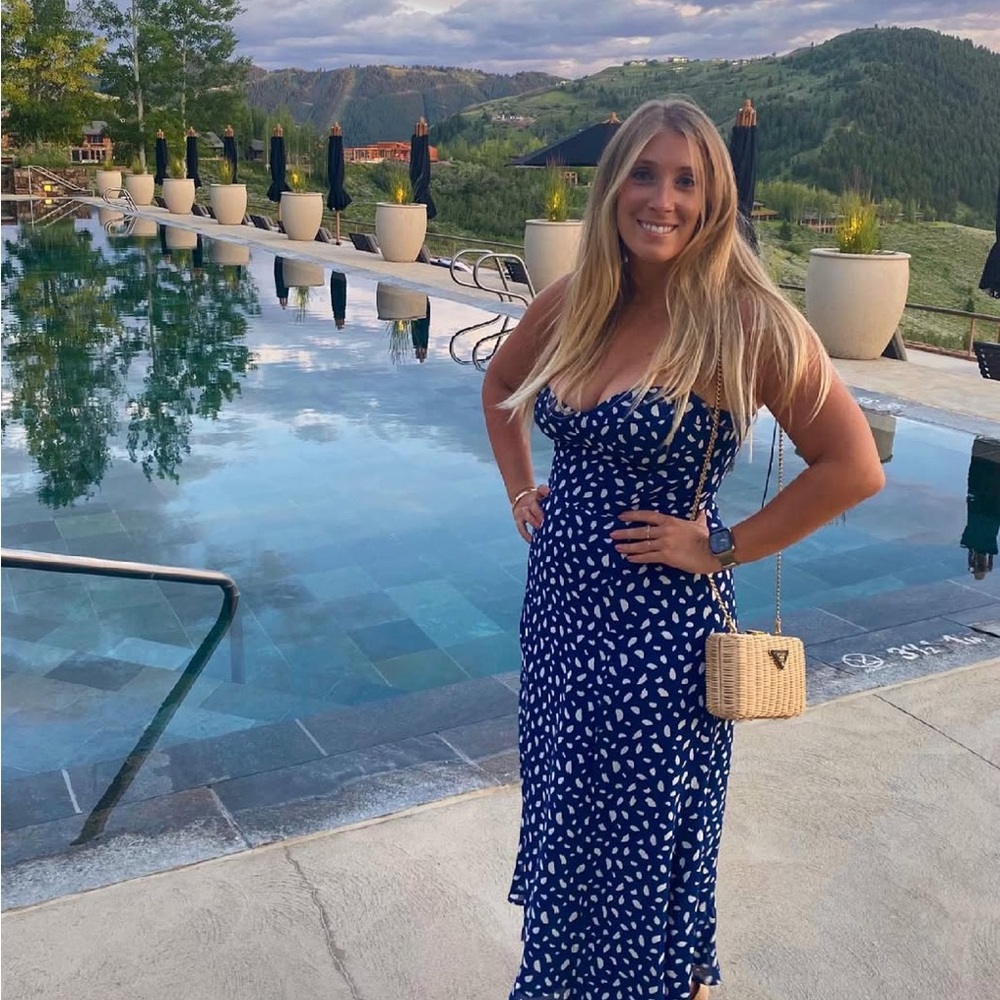 Reformation Blue and White Polka Dot Midi Dress with slit